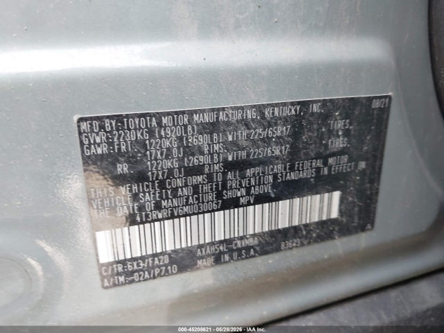 4T3RWRFV6MU030067 Toyota Rav4 Hybrid Xle