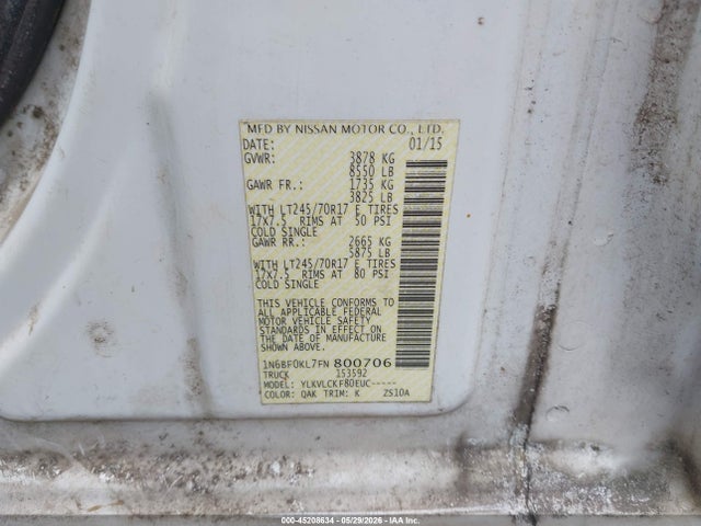 2015 Nissan Nv Cargo Nv1500 S V6 მანქანა იყიდება აუქციონზე, vin: 1N6BF0KL7FN800706, აუქციონის ნომერი: 45208634