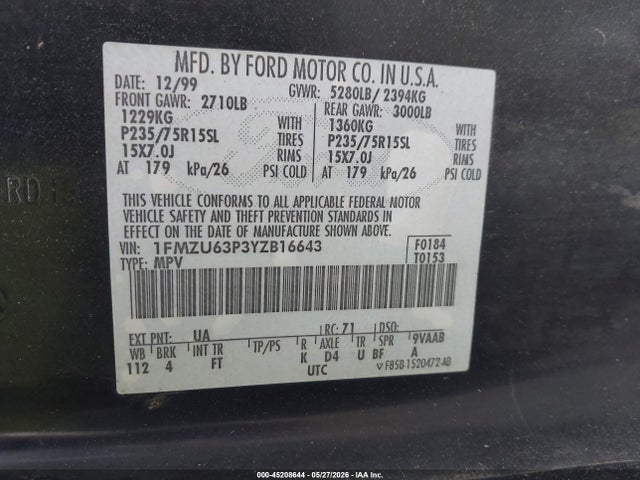 2000 Ford Explorer Xlt მანქანა იყიდება აუქციონზე, vin: 1FMZU63P3YZB16643, აუქციონის ნომერი: 45208644