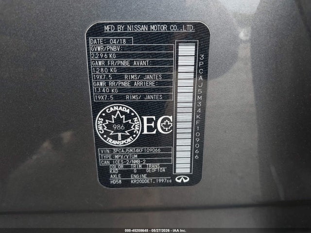 Aukcja sprzedaży 2019 Infiniti Qx50 Essential/luxe/pure, vin: 3PCAJ5M34KF109066, numer aukcji: 45208648