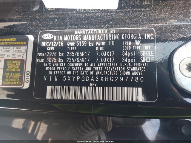 Aukcja sprzedaży 2017 Kia Sorento 2.4l Lx, vin: 5XYPGDA3XHG297780, numer aukcji: 45208656