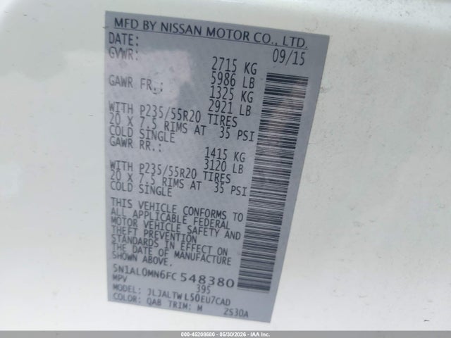 Aukcja sprzedaży 2015 Infiniti Qx60, vin: 5N1AL0MN6FC548380, numer aukcji: 45208680