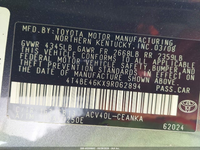 45208682 :رقم المزاد ، 4T4BE46KX9R062894 vin ، 2009 Toyota Camry Le مزاد بيع