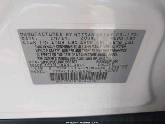 Aukcja sprzedaży 2019 Nissan Kicks Sr, vin: 3N1CP5CU9KL563707, numer aukcji: 45208693