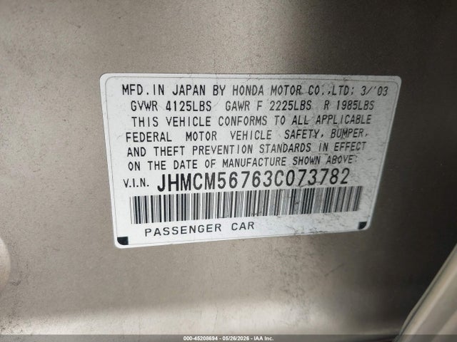 45208694 :رقم المزاد ، JHMCM56763C073782 vin ، 2003 Honda Accord 2.4 Ex مزاد بيع