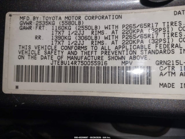 45208697 :رقم المزاد ، JTEBU14R750055916 vin ، 2005 Toyota 4runner Sr5 Sport V6 مزاد بيع