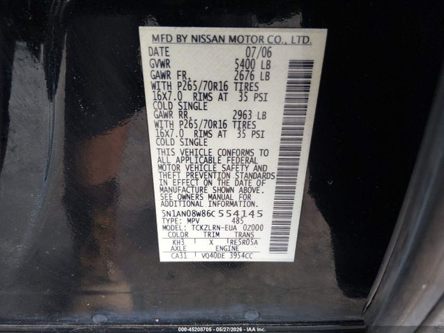 Aukcja sprzedaży 2006 Nissan Xterra S, vin: 5N1AN08W86C554145, numer aukcji: 45208705