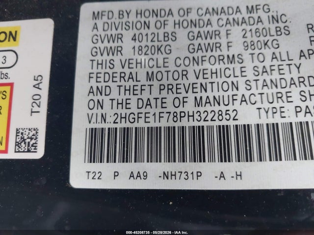 Honda Civic Ex/ex W/o Bsi 2023 2HGFE1F78PH322852 Image 9