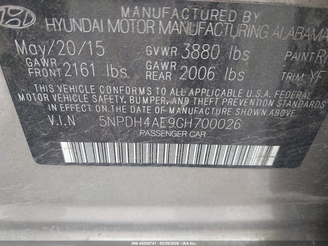 2016 Hyundai Elantra Se მანქანა იყიდება აუქციონზე, vin: 5NPDH4AE9GH700026, აუქციონის ნომერი: 45208741