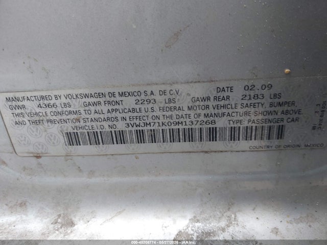 Aukcja sprzedaży 2009 Volkswagen Jetta S, vin: 3VWJM71K09M137268, numer aukcji: 45208774
