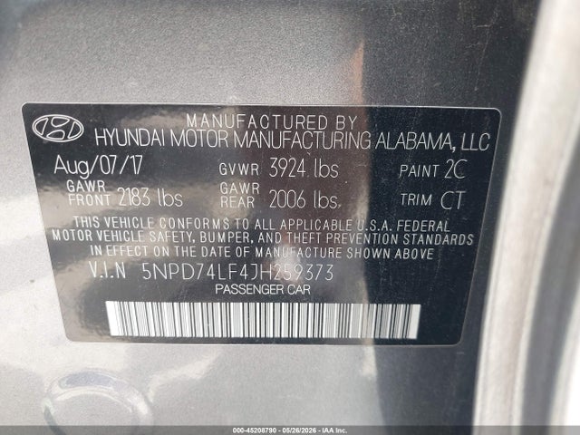 45208790 :رقم المزاد ، 5NPD74LF4JH259373 vin ، 2018 Hyundai Elantra Se مزاد بيع