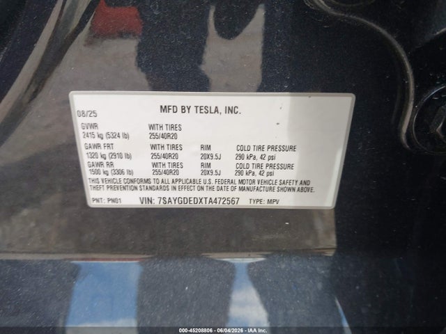 2026 Tesla Model Y Premium Rear-wheel Drive/rear-wheel Drive მანქანა იყიდება აუქციონზე, vin: 7SAYGDEDXTA472567, აუქციონის ნომერი: 45208806