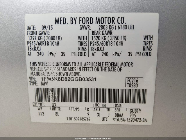 Aukcja sprzedaży 2016 Ford Explorer Xlt, vin: 1FM5K8D82GGB03531, numer aukcji: 45208831
