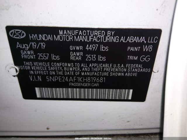 5NPE24AF1KH819681 Hyundai SONATA SE