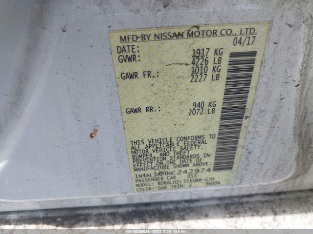 45208834 :رقم المزاد ، 1N4AL3AP0HC242974 vin ، 2017 Nissan Altima 2.5 Sr مزاد بيع