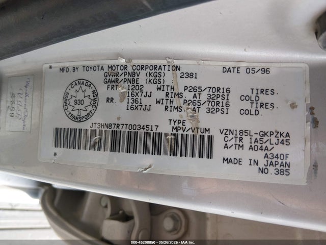 Aukcja sprzedaży 1996 Toyota 4runner Limited, vin: JT3HN87R7T0034517, numer aukcji: 45208850