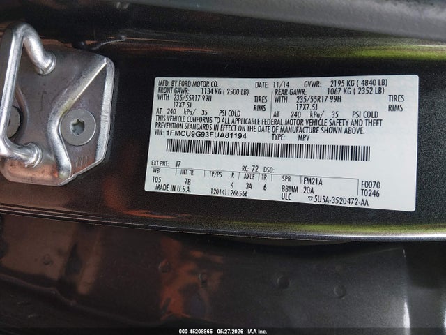 Продажа на аукционе авто 2015 Ford Escape Se, vin: 1FMCU9G93FUA81194, номер лота: 45208865