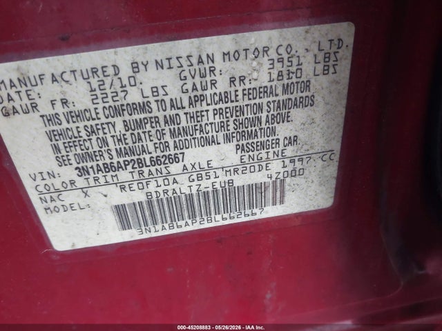 45208883 :رقم المزاد ، 3N1AB6AP2BL662667 vin ، 2011 Nissan Sentra 2.0s مزاد بيع
