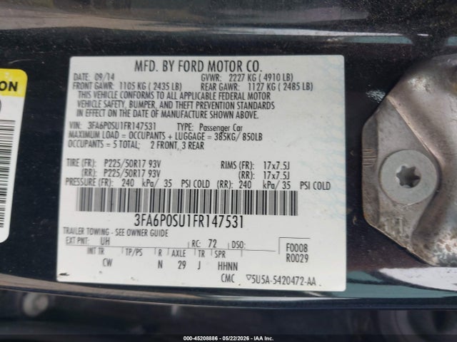 2015 Ford Fusion Energi Titanium მანქანა იყიდება აუქციონზე, vin: 3FA6P0SU1FR147531, აუქციონის ნომერი: 45208886