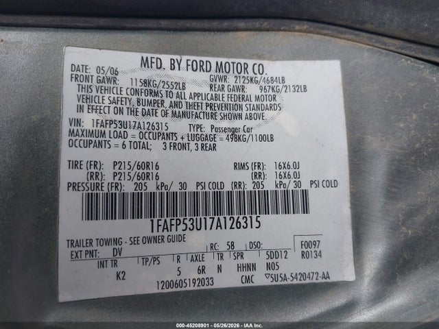Aukcja sprzedaży 2007 Ford Taurus Se, vin: 1FAFP53U17A126315, numer aukcji: 45208901