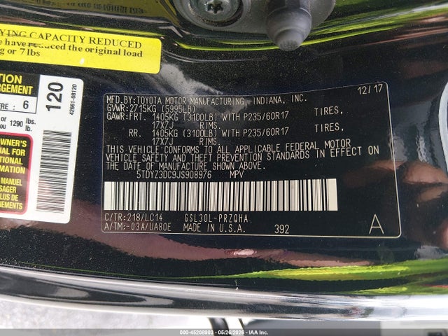 5TDYZ3DC9JS908976 Toyota Sienna Xle 8 Passenger