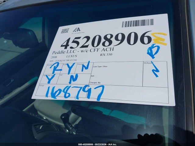 Продаж на аукціоні авто 2008 Lexus Rx 350, vin: 2T2GK31U18C055341, номер лоту: 45208906