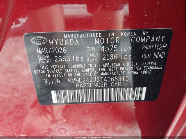 Aukcja sprzedaży 2026 Hyundai Sonata Hybrid Blue, vin: KMHL24JJ3TA165315, numer aukcji: 45208912