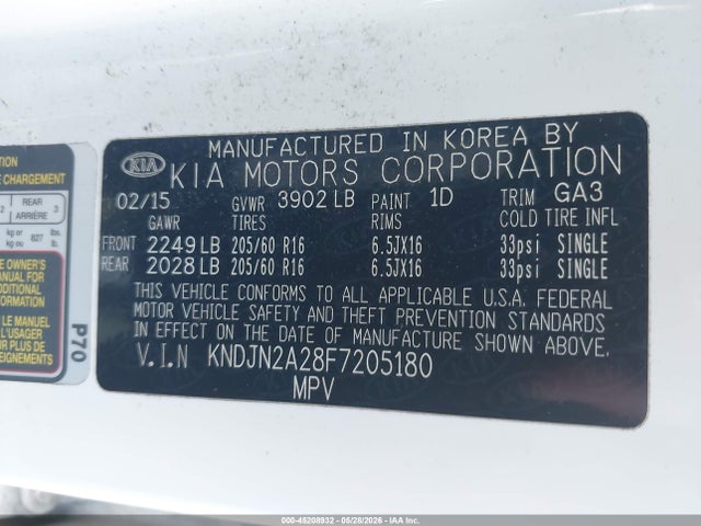 2015 Kia Soul მანქანა იყიდება აუქციონზე, vin: KNDJN2A28F7205180, აუქციონის ნომერი: 45208932