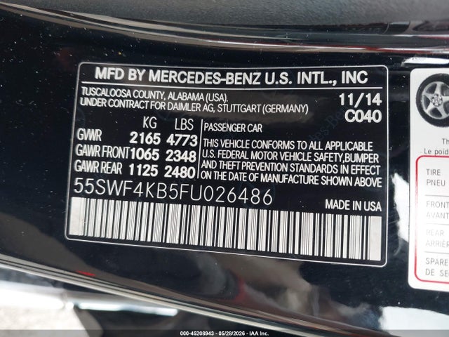Aukcja sprzedaży 2015 Mercedes-benz C 300 4matic, vin: 55SWF4KB5FU026486, numer aukcji: 45208943