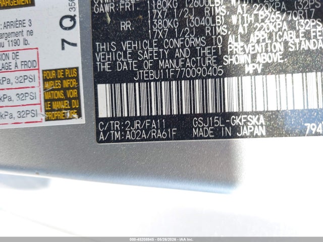 45208945 :رقم المزاد ، JTEBU11F770090405 vin ، 2007 Toyota Fj Cruiser مزاد بيع