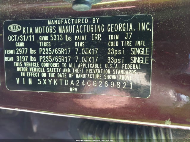2012 Kia Sorento Lx V6 მანქანა იყიდება აუქციონზე, vin: 5XYKTDA24CG269821, აუქციონის ნომერი: 45208959