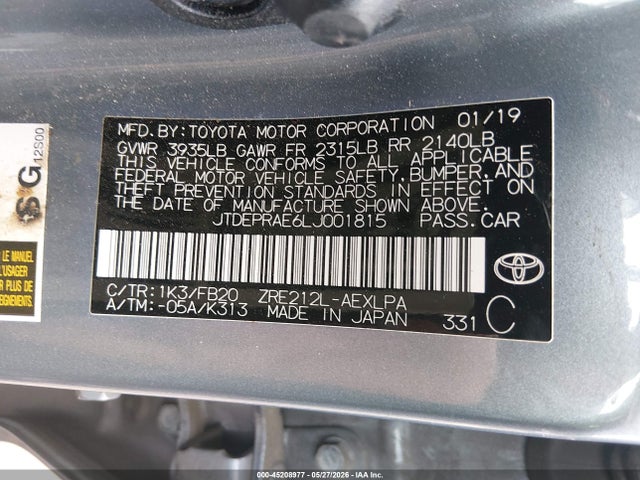 2020 Toyota Corolla Le მანქანა იყიდება აუქციონზე, vin: JTDEPRAE6LJ001815, აუქციონის ნომერი: 45208977
