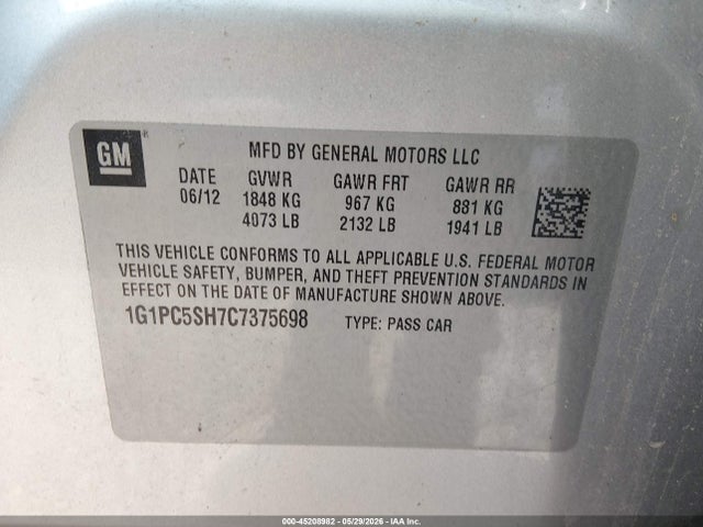 Продажа на аукционе авто 2012 Chevrolet Cruze Ls, vin: 1G1PC5SH7C7375698, номер лота: 45208982