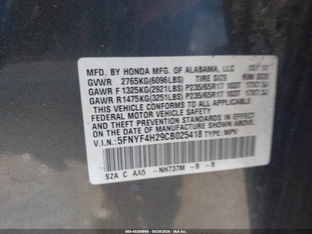 45208986 :رقم المزاد ، 5FNYF4H29CB025418 vin ، 2012 Honda Pilot Lx مزاد بيع