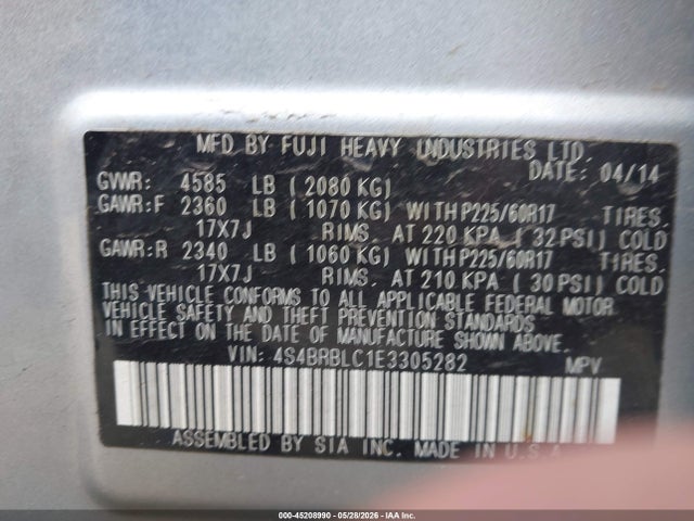 2014 Subaru Outback 2.5i Limited მანქანა იყიდება აუქციონზე, vin: 4S4BRBLC1E3305282, აუქციონის ნომერი: 45208990