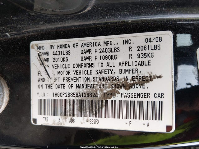2008 Honda Accord 2.4 Ex-l მანქანა იყიდება აუქციონზე, vin: 1HGCP26858A124824, აუქციონის ნომერი: 45208995