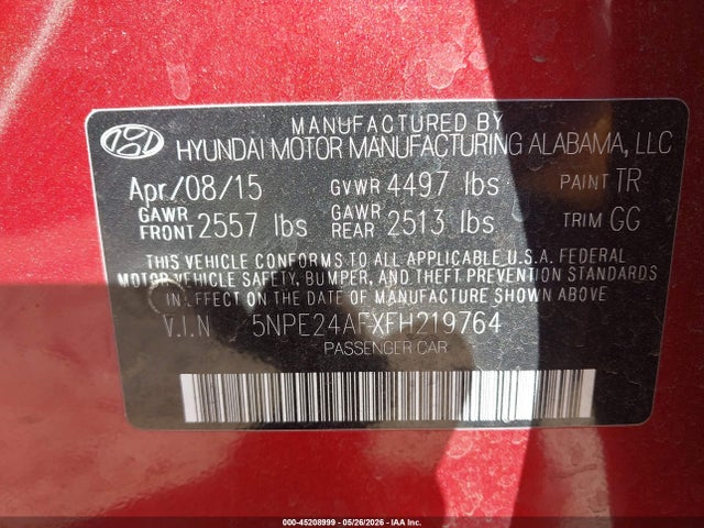 45208999 :رقم المزاد ، 5NPE24AFXFH219764 vin ، 2015 Hyundai Sonata Se مزاد بيع