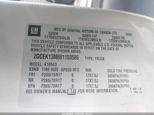 Aukcja sprzedaży 2008 Chevrolet Silverado 1500 Lt2, vin: 2GCEK13M881150586, numer aukcji: 45209000