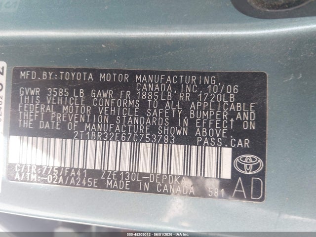 45209012 :رقم المزاد ، 2T1BR32E67C753783 vin ، 2007 Toyota Corolla Ce مزاد بيع