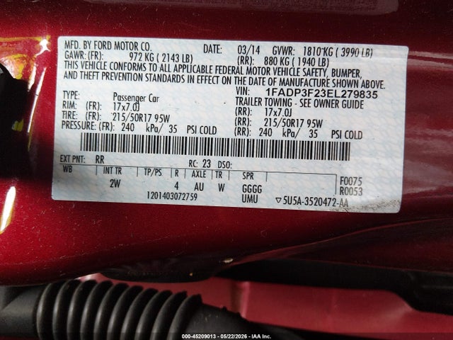 45209013 :رقم المزاد ، 1FADP3F23EL279835 vin ، 2014 Ford Focus Se مزاد بيع