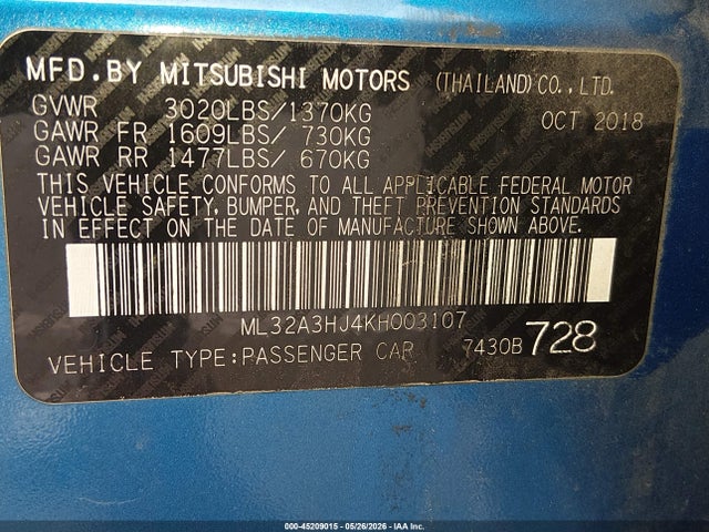 Aukcja sprzedaży 2019 Mitsubishi Mirage Es, vin: ML32A3HJ4KH003107, numer aukcji: 45209015