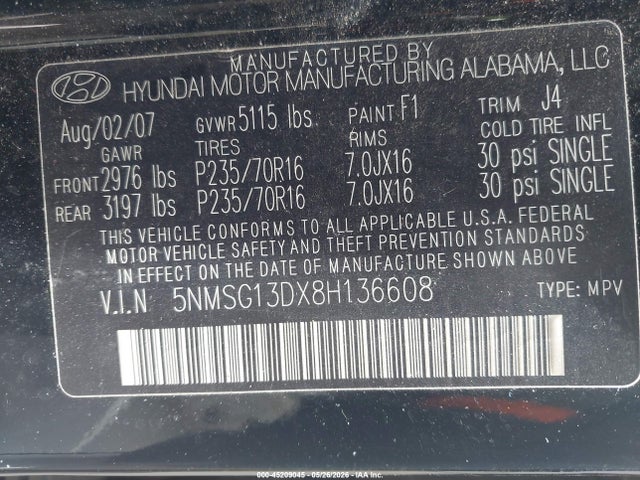 Продаж на аукціоні авто 2008 Hyundai Santa Fe Gls, vin: 5NMSG13DX8H136608, номер лоту: 45209045