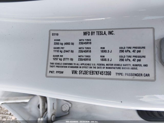 Продажа на аукционе авто 2019 Tesla Model 3 Long Range/performance, vin: 5YJ3E1EB7KF451350, номер лота: 45209058