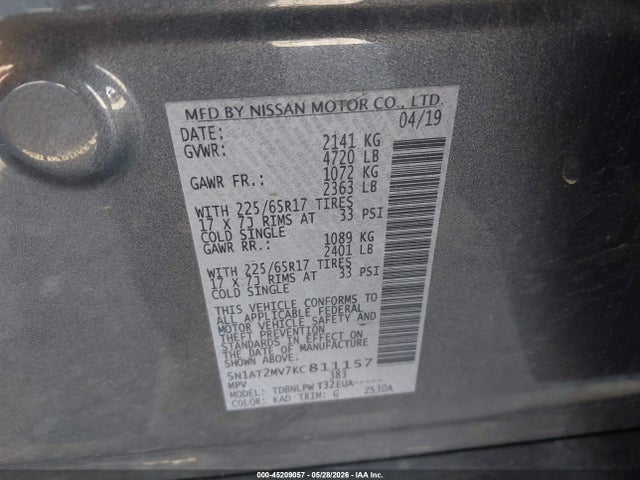 Продаж на аукціоні авто 2019 Nissan Rogue S, vin: 5N1AT2MV7KC811157, номер лоту: 45209057