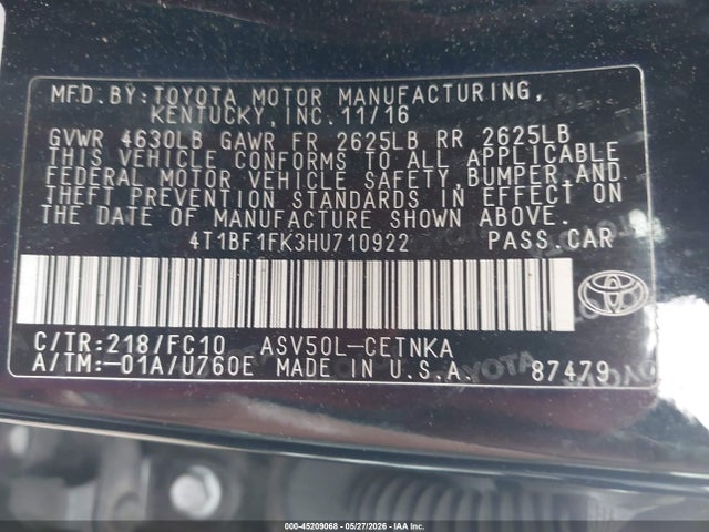 Auction sale of the 2017 Toyota Camry Le, vin: 4T1BF1FK3HU710922, lot number: 45209068