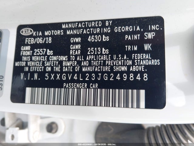 2018 Kia Optima Sx Turbo მანქანა იყიდება აუქციონზე, vin: 5XXGV4L23JG249848, აუქციონის ნომერი: 45209081