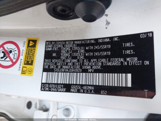 2018 Toyota Highlander Se მანქანა იყიდება აუქციონზე, vin: 5TDJZRFH4JS849929, აუქციონის ნომერი: 45209105