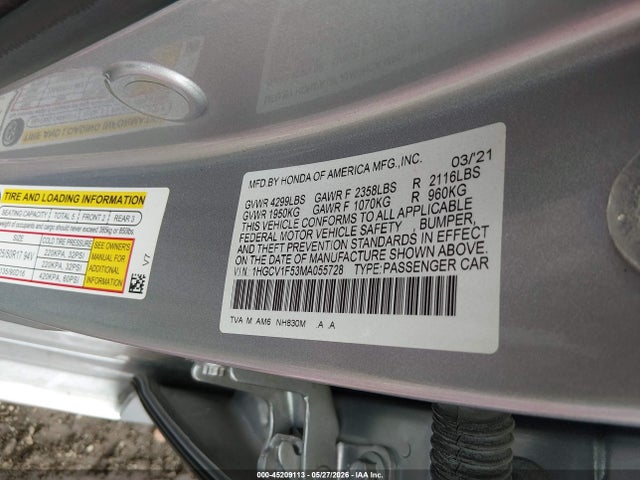 Продажа на аукционе авто 2021 Honda Accord Ex-l, vin: 1HGCV1F53MA055728, номер лота: 45209113