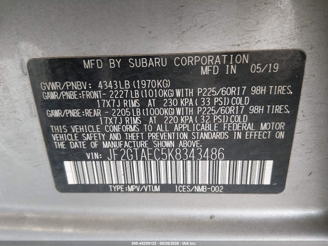 Продажа на аукционе авто 2019 Subaru Crosstrek 2.0i Premium, vin: JF2GTAEC5K8343486, номер лота: 45209122
