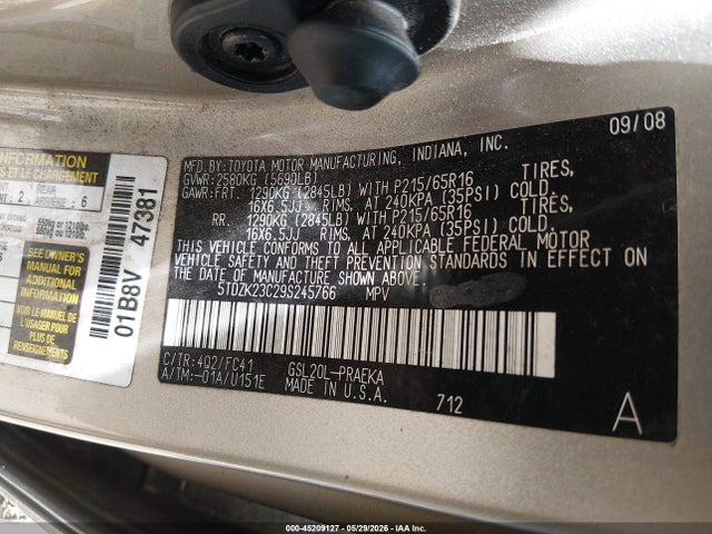2009 Toyota Sienna Le მანქანა იყიდება აუქციონზე, vin: 5TDZK23C29S245766, აუქციონის ნომერი: 45209127